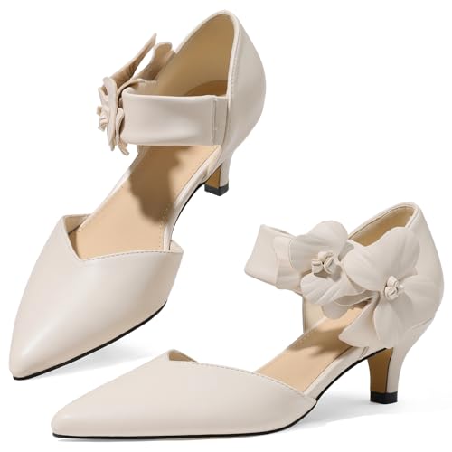 Womens Low Kitten Heels Closed Pointed Toe Slip on Pumps Ankle Strap Heels Sexy Elegant Bridal Party Dressy Shoes