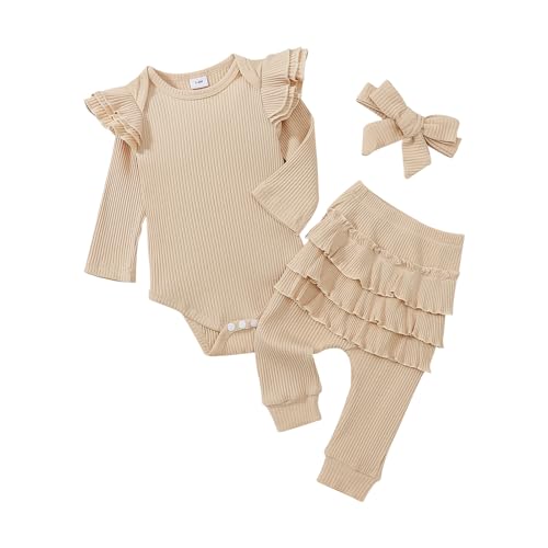 Image of CETEPY Baby Girl Clothes Newborn Romper Long Sleeve Infant Outfits 3Pcs Ruffle Tops + Pants + Headband