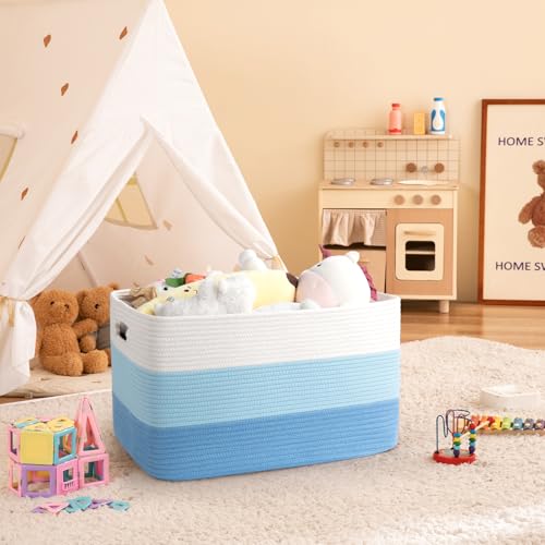 Image of OIAHOMY Large Blanket Basket, 22 inchx17 inchx12 inch Rectangle Woven Baskets, Nursery Blanket Storage Living Room, Toy Storage With Handle, Large Baskets for Organizing-Gradient Light Blue