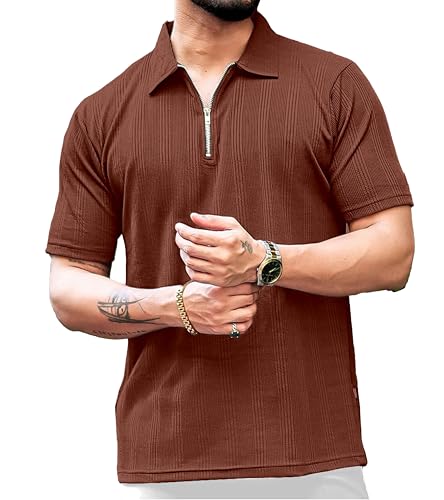 KAJARU Men's 95% Polyster 5% Cotton Regular Fit Polo T-Shirt with Short Sleeve and Zipper as Closure (POLO-8015-BROWN-XXL)