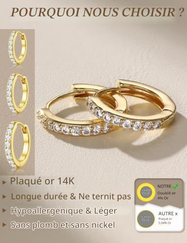 KALVICA 3 Paires de Créoles Mini Or Boucles d'Oreilles Plaqué Or 14K Hypoallergéniques pour Femme Homme Zircone CZ Adaptées aux Piercings Helix Tragus et Cartilage Diamètres Intérieurs 8/10/12mm – vue 4