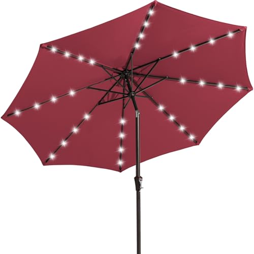 Image of JEAREY 9FT Outdoor Patio Umbrella with Solar Lights, LED Lighted Pool Umbrella with Tilt and Crank, Outdoor Table Umbrellas for Deck, Yard & Market (Burgandy)