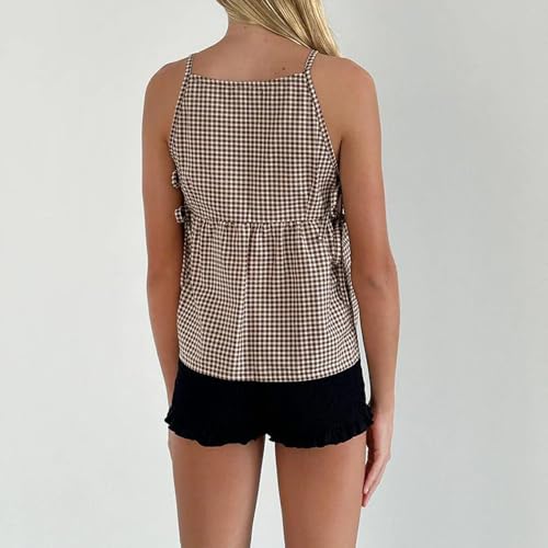 Women Y2K Gingham Tank Top Coquette Spaghetti Strap Side Tie-up Peplum Camisole Summer Going Out Top Streetwear3