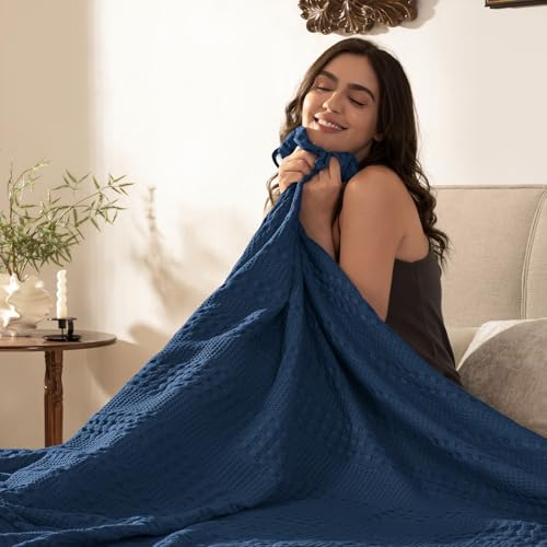 PHF Cooling Waffle Blanket King Size, Lightweight 60% Rayon Derived from Bamboo & 40% Cotton Breathable Blanket for Hot Sleepers, Soft and Luxury for Bed Couch and Sofa, 104"x90", Navy Blue