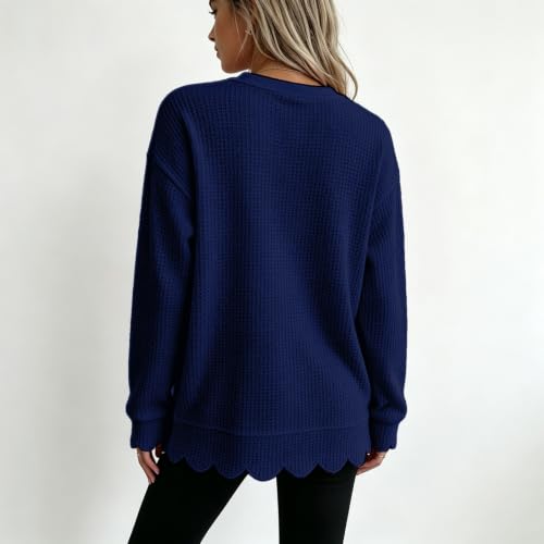 Womens Scalloped Top Waffle Knit Top Long Sleeve Crewneck Pullover Blouse - image 2