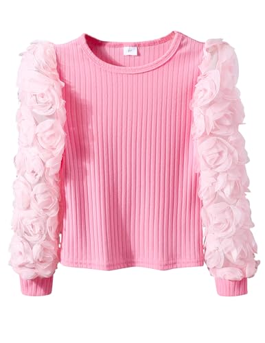 Image of Girls Casual Crewneck Ruffle Flower Long Sleeve Solid Kint Sweatshirts Loose Fit Blouse Fashion Shirts