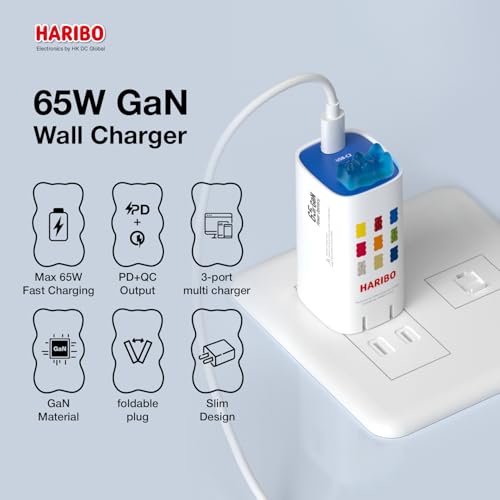 Image of Haribo 65W USB C Charger, 3-Port GaN Fast Charger Block, PD3.0 QC4+ Compact Foldable Travel Charger Compatible with MacBook Pro /Air, iPhone 17 /16 /15 /14, iPad Pro, Galaxy, Pixel, Switch, Blue