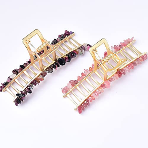 Large Crystal Hair Clips Gemstone Jeweled Claw Clip Decorative Thin Thick Hair Accessories For Women Girl Colorful Tourmaline Strawberry Quartz 4.7" Set Of 2 #TOP3