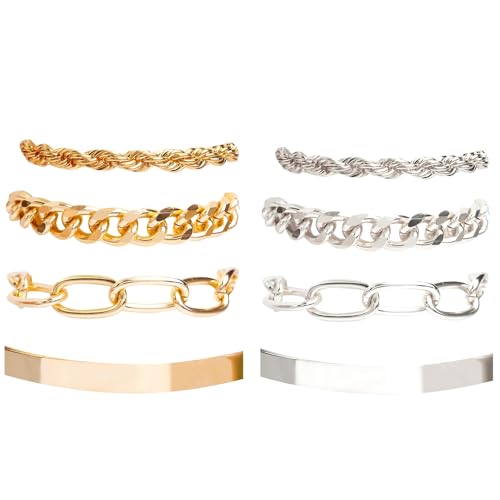 [ドナリー] 4本セット 重ね付け フリーサイズ チェーン ブレスレット レディース (ゴールド&シルバー 8本セット)