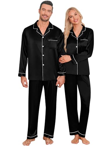 LecGee Couples Matching Pajamas Set Button Down Sleepwear Long Sleeve Loungewear Silky Satin 2 Piece Pjs (Men Black Small)