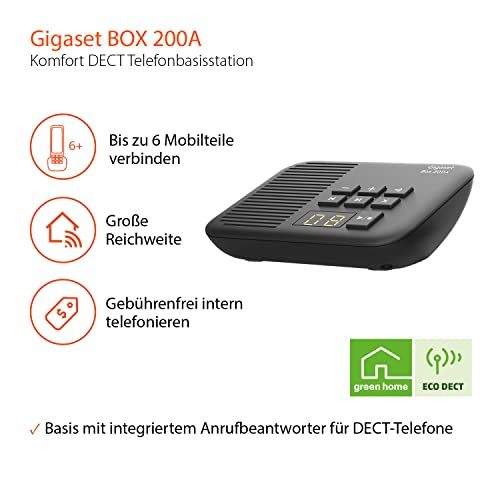 Gigaset Comfort 520HX & Box 200A – DECT-Mobilteil mit Ladeschale – Elegantes Schnurloses Telefon Beste Audioqualität mit Freisprechfunktion - DECT-Basis unterstützt 6 Mobilteile, schwarz
