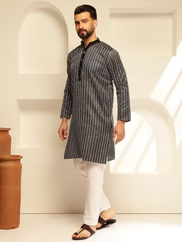 Image of SOJANYA (Since 1958 Men's Silk Blend Contrast White Thread Detailing Kurta With White Pyjama