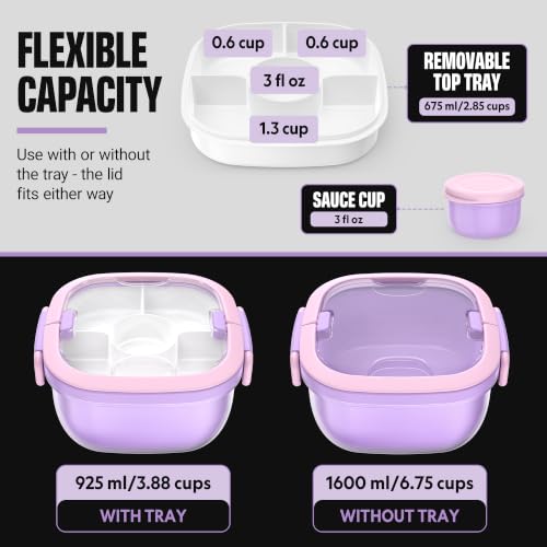 Image of Salad Container with Ice Pack & Handle, 6.8 Cup / 1600ml Large Portable Salad Bowl Lunch Box with Lid, Fork Holder & Sauce Cup, 4-Compartment Removable Tray Meal Prep Bento Box, Purple