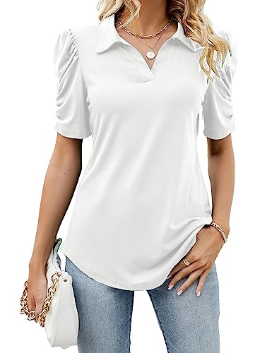 Renmingbi Women's Puff Sleeve Collared Polo Shirt V Neck Tunic Blouses Tops Office Work T-Shirt White M #TOP6