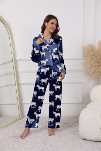 Image of Ekouaer Pajamas For Women Set Silk Pjs 2 Piece Satin Sleepwear Long Sleeve Button Down Lounge Sets With Pant