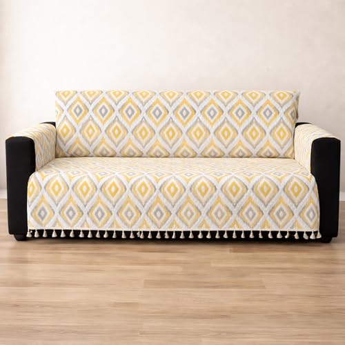 Image of House of Quirk IKATRA Series Quilted Printed Sofa Cover for Indian Sofa Set with Side Pocket - Premium Washable, Anti-Slip, Durable & Ultra Soft Fabric Protector (Sunburst, Four Seater)