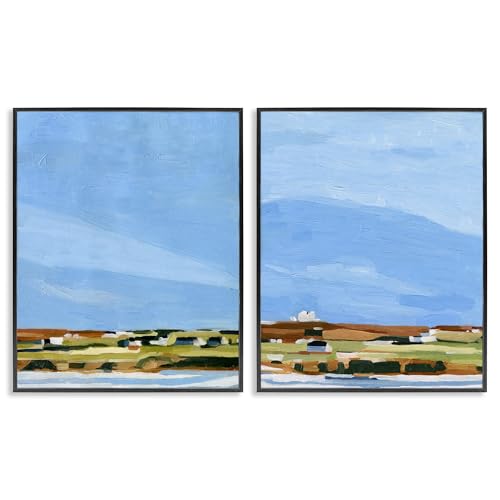 Stupell Industries 'Abstract Seaside Town Landscape', 2pc Framed Giclee Art Set 2, Black, 16 x 20 Inches, Easy to Hang and Sturdy, Made in USA, by Emma Scarvey