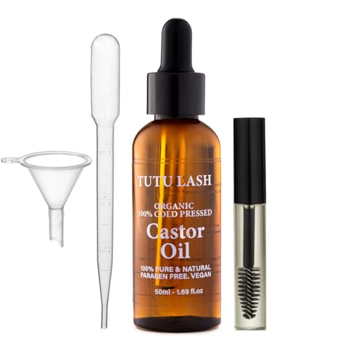 Organic Castor Oil 100% Cold Pressed Pure Natural Oil Ricinus Communis Cruelty Free Vegan Lashes Brows Hair Nails Growth Strength Conditioner (50ml Castor Oil & 1 Empty Black Bottle)