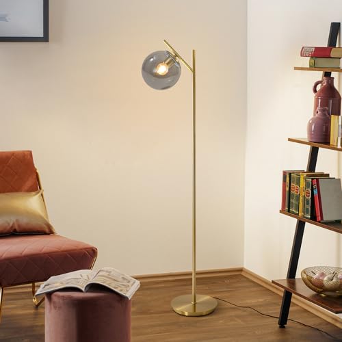 Image of Farmhouse Floor Lamp Retro Smoky Gray Glass Standing Tall Lamps Vintage Brass Freestanding Floor Lamps Adjustable Globe Floor Lamp for Office Bedroom
