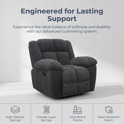 Image of Oversized Corduroy Recliner Chair, Manual Lazy Boy Recliner with Home Theater Seating, Breathable Living Room Reclining Chair for Adults Reading, Gaming, Relax, Dark Gray
