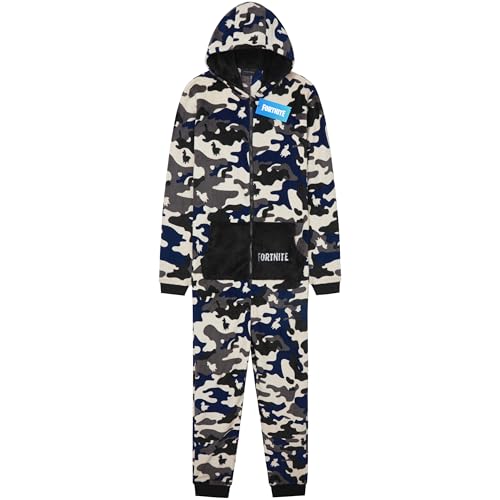 Get Trend Fortnite Schlafanzug Jungen Kinder Overall Kapuze Winter Fleece Pyjama Kuschelig 7-16 Jahre Teens & Junge (9-10 Jahre Creme Camo Fortnite)