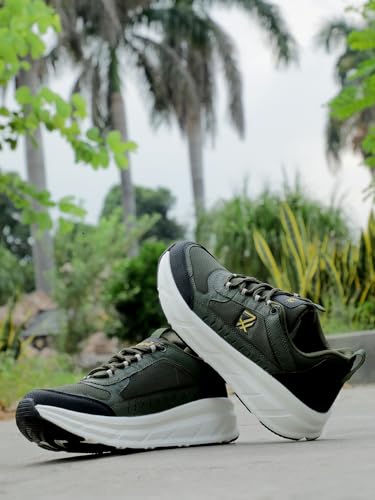 Image of Liberty Leap7x Mount-E Men Sports Running Shoes - Black & Olive Green | Comfortable and Durable Lace-Up Closure - Suitable for Lacing Walking, Gym, Jogging and Outdoor Shoes for Man