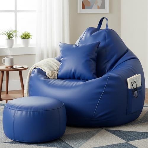 Image of KAM'S LIEU 5XL Bean Bag Combo with Footrest & Cushion | Filled with High Density EPS Beans | Comfortable Sofa for Living Room & Bedroom | 6 Months Warranty, Color- (Royal Blue, 5XL, Classic)