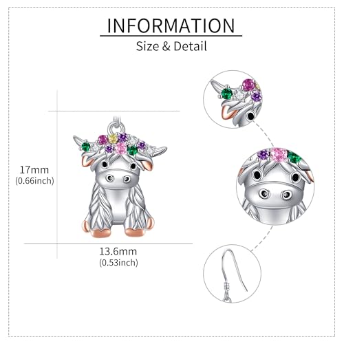 Cow Earrings for Women 925 Sterling Silver Highland Cow Dangle Earring Cow Jewelry Gifts for Women Lover4