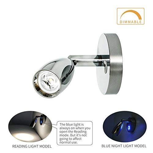 RV 12V Reading Light Dimmable - Polished Chrome Led Berth Lights Book Lamp with Blue Circle Night Decorative Lighting Surface Mounted Near Bedside Under Cabinet In Trailer Caravan Boat Yacht Pack of 2 - Thumbnail 2