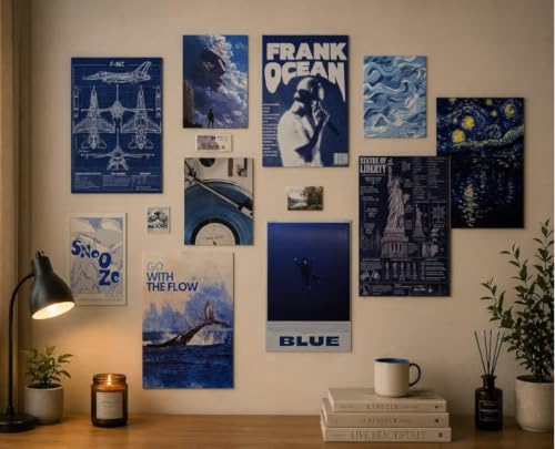 Image of 12 Piece Blue Aesthetic Poster Set | 300 GSM Multi-Sized Wall Posters with Adhesive Tape | Music, Ocean, Space & Vintage Art Prints for Bedroom, Room Decor, Home Decor, Living Room & Wall Art