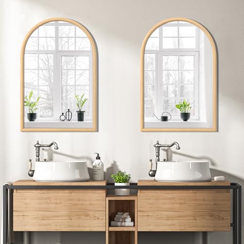 Image of 20 inchx30 inch Arch Wall Mirror for Wall, Wall Mounted Vanity Mirror for Bedroom, Wood Grain Finish Frame Mirror with Tempered Glass, Vintage Decorative for Bathroom, Entryway, Living Room, Natural