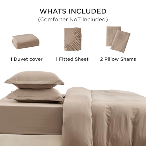 Image of Bedsure Duvet Cover Queen Size with Fitted Sheet - 4 Pieces Prewashed Cotton-Like Polyester Extra Soft Bedding Set, Includes 1 Duvet Cover 90x90 Inches, 2 Pillow Shams, 1 Fitted Sheet, Light Brown