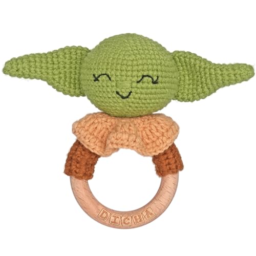 Image of DICHA Wooden Baby Rattle-Crochet Baby Rattle- Infant Rattle Sensory Development Wooden Toys Set-Includes Beech Wooden Teething Ring- Baby Teether Green Alien Style