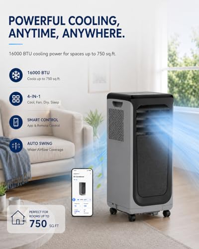Image of Coolblus Portable Air Conditioners 16000 BTU, Wi-Fi Smart Portable AC Unit for Room Up to 750 Sq.Ft, 3 in 1 Quiet AC with Cool /Dehumidify /Fan, Window Kit, Black-16000BTU-WIFI