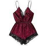 Women Satin Lingerie Bodysuit V Neck Lace Trim One Piece Teddy Babydoll Spaghetti Strap Pajamas Romper Sleepwear Women's Exotic Teddies & Bodysuits Plus Size Lingerie Wine