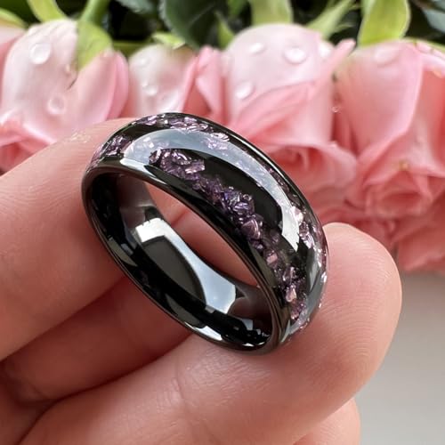 8mm Silver/Black/Gunmetal Purple Tungsten Rings for Men Women Amethyst Inlay Fashion Engagement Promise Wedding Band Polished Comfort Fit2