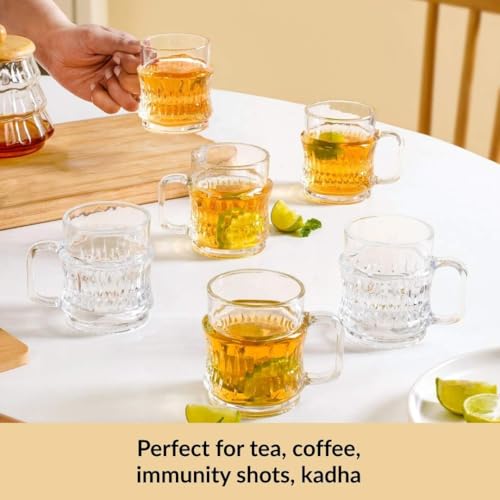 Image of Nestasia Transparent Glass Tea Cups Set of 6 (165ml Each) - Dishwasher Safe & 100% Food Safe Coffee Cups with Handle for Coffee, Tea, Hot & Cold Beverages | Elegant Ribbed Design