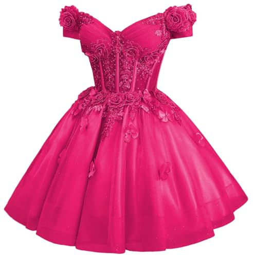 Image of Zhangyo Sparkly Tulle Homecoming Dresses for Teens Off Shoulder DAMA Dress | Sparkly Tulle Homecoming Dresses, for Teens, Off Shoulder DAMA Dresses for Quinceanera, 3D Butterfly Short Ball Gown