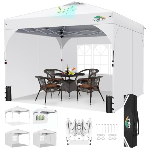 COBIZI Pavillon 3x3 Wasserdicht Stabil Winterfest Faltpavillon Gartenpavillon Partyzelt Pop Up Pavillon Klappbar UV Schutz 50+ Höhenverstellbar mit Entlüftung & 3 Stoffstücken&4 Sandsäcke，Weiß