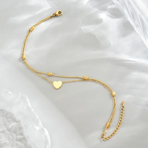 Image of 18K Gold Plated Anklets for Women Dainty Non Tarnish Ankle Bracelets Cuban Link Chain Anklets Layered Heart Beads Rhinestone Anklet Trendy Foot Jewelry