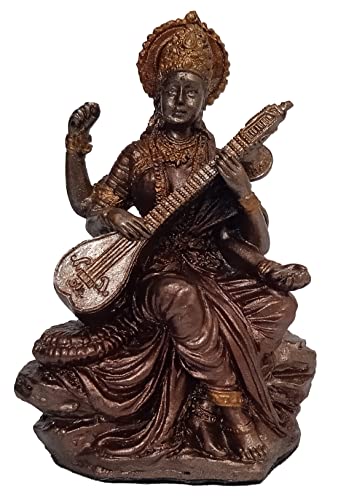 Purpledip Resin Idol Saraswathi, Goddess Of Knowledge Music Arts: Collectible Bronze Finish Statue for Home Temple 3 Inches (12562)