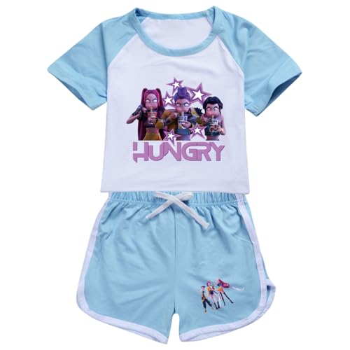 Girl's 2 Piece Outfits Round Neck Short Sleeve 3D Printed Anime Crop Top and Track Shorts Tracksuit Sets 100-170