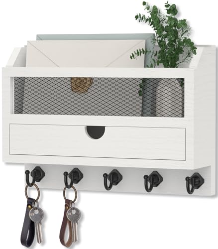 Nekon Key and Mail Holder for Wall, Key Organizer with Drawer, White | 11″W x 7.9″H x 3.1″D Wooden Key Rack with 5 Hooks, Mail Organizer for Home Decor