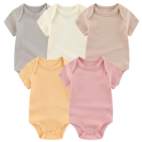 Image of MAMIMAKA Newborn Baby Short Sleeve Bodysuit Cotton One-Piece Baby Clothes 5-Pack, 0-12 Months