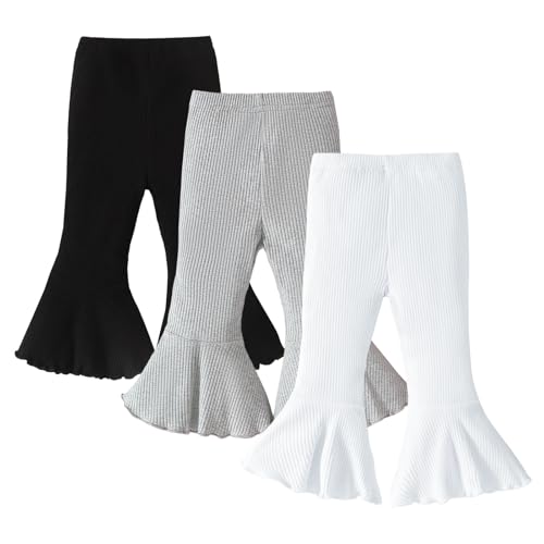 Image of SOBOWO Baby Girl Flare Pants 3 Pack Toddler Solid Ribbed Ruffle Bell Bottoms Pants Trousers Fall Outfits