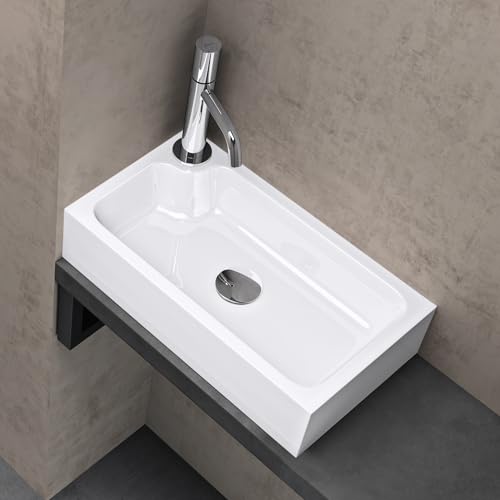 doporro Lavandino Bagno da Appoggio Lavabo ad Angolo Rettangolare con Foro Rubinetto e Vasca a Destra, Design Moderno in Marmo Resina con Nano Rivestimento 46x26x11cm Bianco Lucido, Colossum101