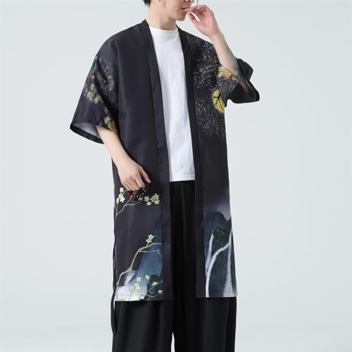 Seidarise Men’s Demon Slayer Haori, Long Kimono Cardigan Jacket Japanese Style Flying Crane Seven Sleeves Open Front Coat