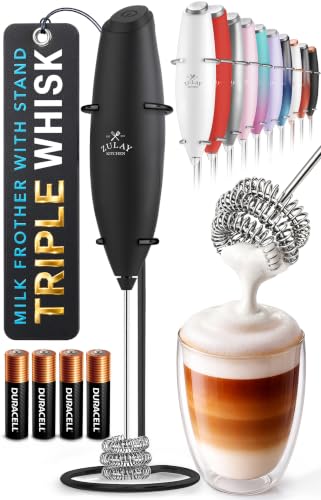 Image of Zulay Kitchen Powerful Milk Frother Wand With Duracell Batteries - Ultra Fast Handheld Drink Mixer - Electric Whisk Foam Maker for Coffee, Lattes, Cappuccino & Matcha - Triple Whisk - Midnight Elite