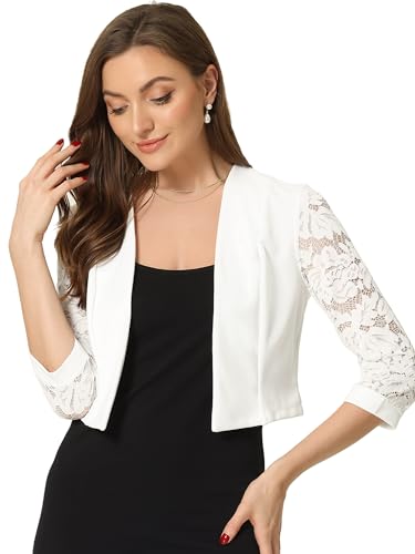 Allegra K Damen Cardigan Spitzen Bolero Vorne Offen Mesh Langärm Arbeit Bauchfrei Shrug Strickjacke Weiß XS