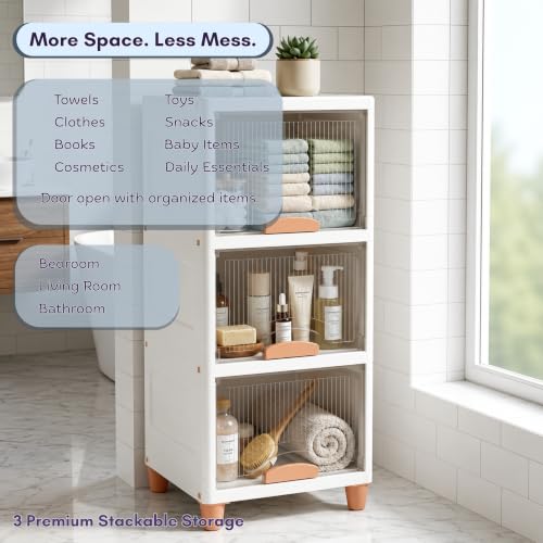 Image of HoopVool Foldable Storage Cabinet, Stackable Plastic Storage Box with Front Opening Door, Dustproof Organizer for Clothes, Toys, Books, Bathroom & Bedroom (3-Tier (33 X 38 X 82 CM))